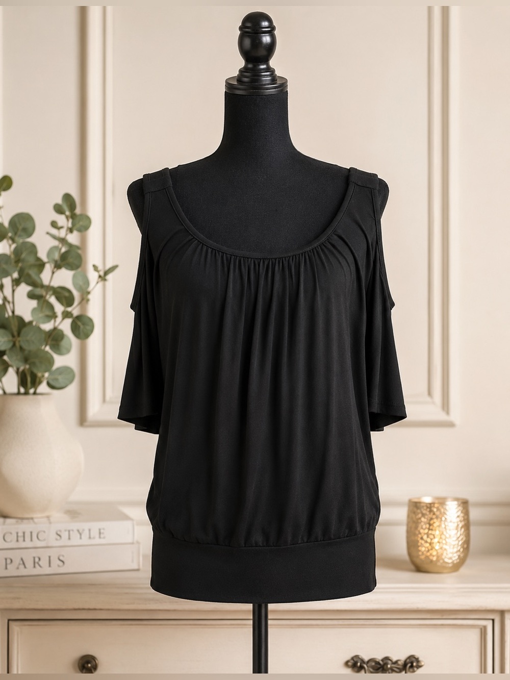 Boston Proper Black Cold Shoulder Jersey Top